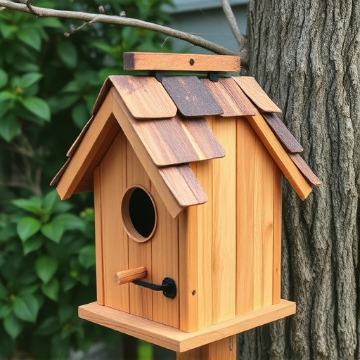 Rustic bird box with roof shingles