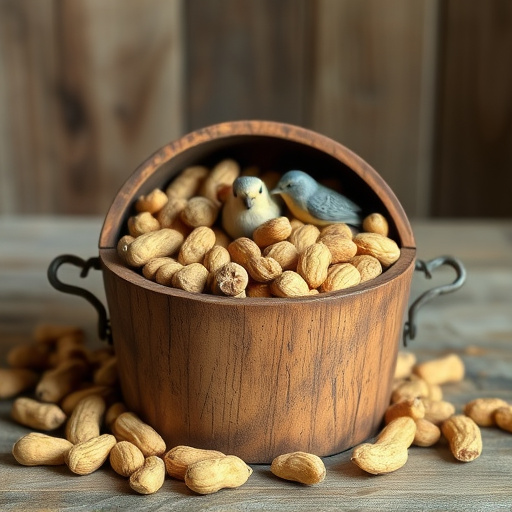 Rustic container filled with bird peanuts