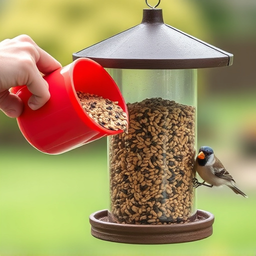 Scoop pouring seeds into bird feeder