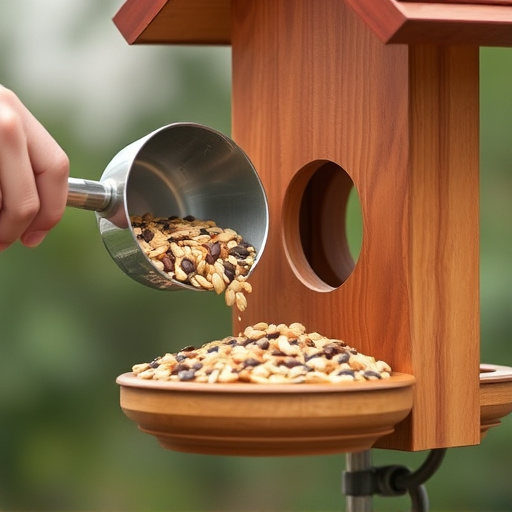 Scoop pouring seeds into bird feeder