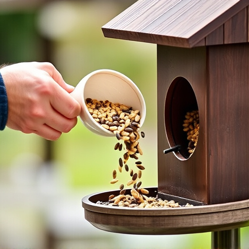Scoop pouring seeds into bird feeder