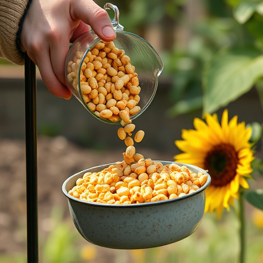 Scoop pouring sunflower hearts into feeder