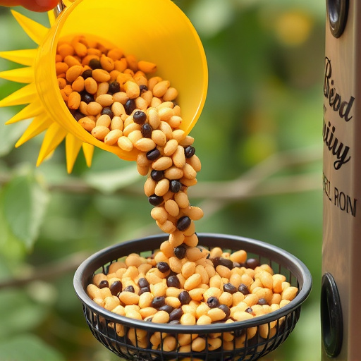 Scoop pouring sunflower hearts into feeder