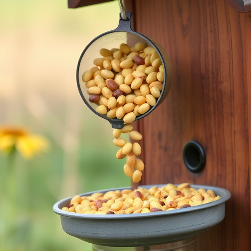 Scoop pouring sunflower hearts into feeder