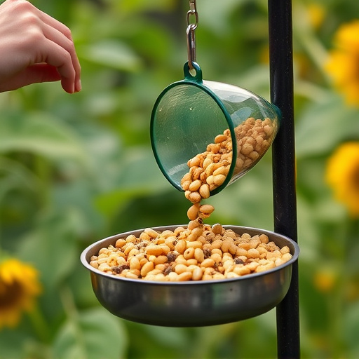 Scoop pouring sunflower hearts into feeder
