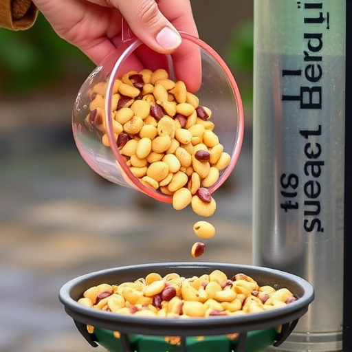Scoop pouring sunflower hearts into feeder
