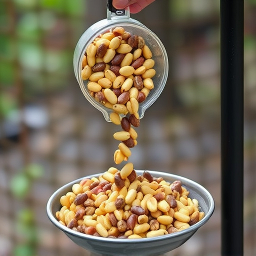 Scoop pouring sunflower hearts into feeder