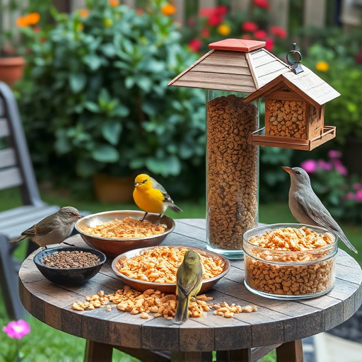 Selection of bird foods on garden table