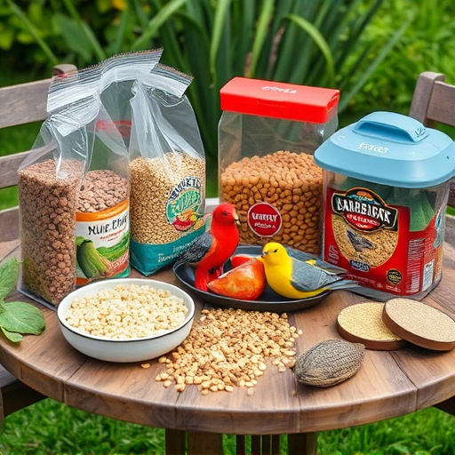 Selection of bird foods on garden table