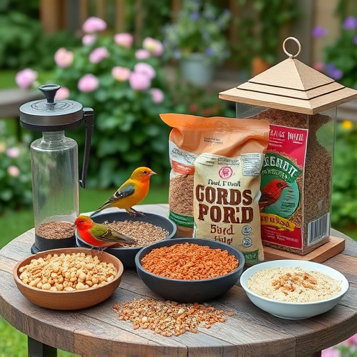 Selection of bird foods on garden table