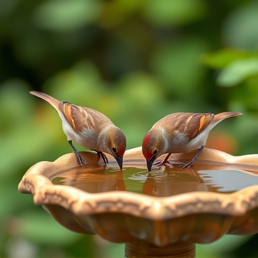 Small birds drinking from birdbath