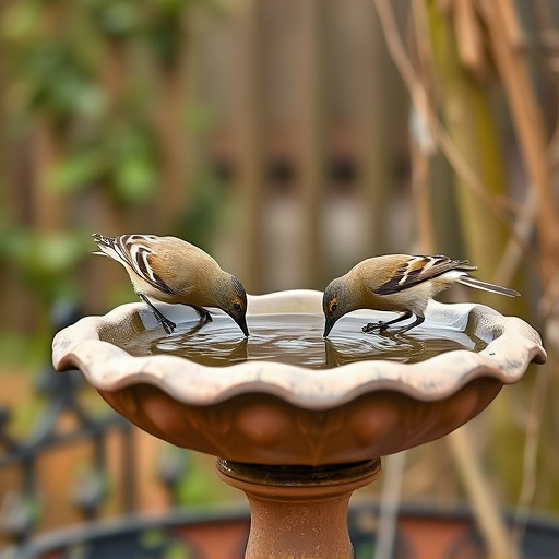 Small birds drinking from birdbath