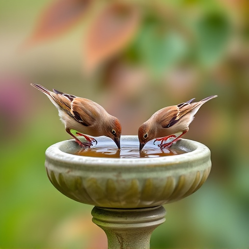 Small birds drinking from birdbath