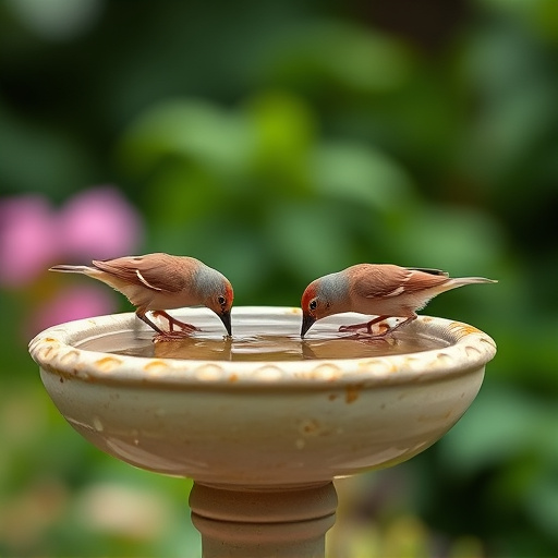 Small birds drinking from birdbath