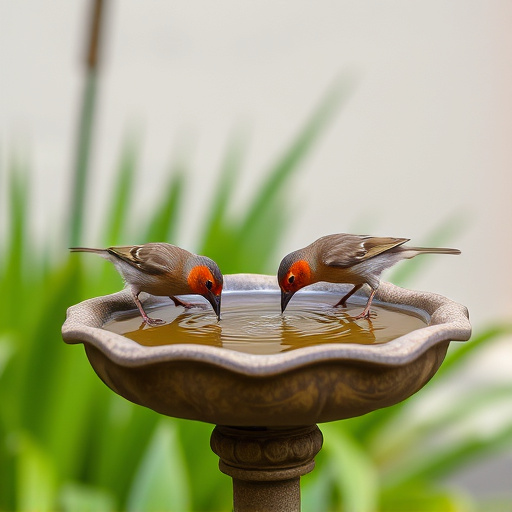 Small birds drinking from birdbath