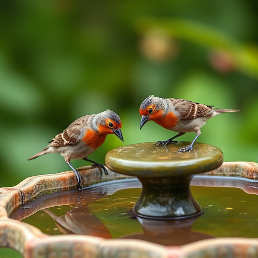 Small birds drinking from birdbath