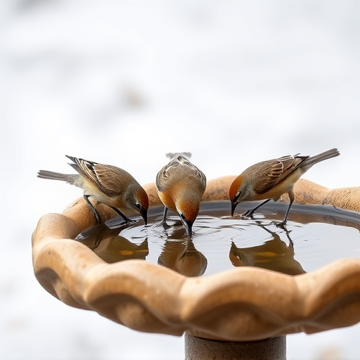 Small birds drinking from birdbath