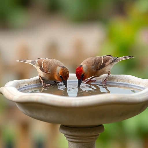 Small birds drinking from birdbath