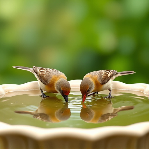 Small birds drinking from birdbath