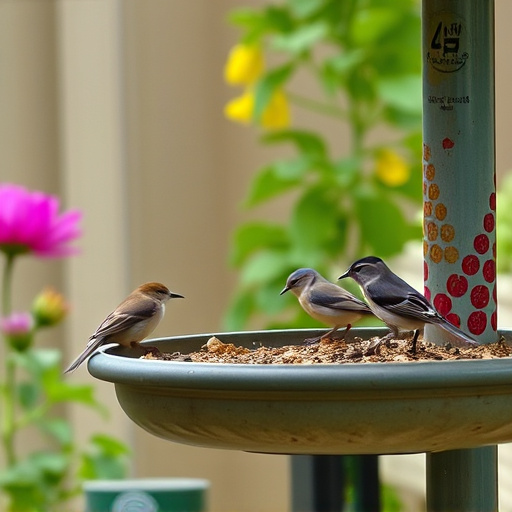 Small birds eating at garden station