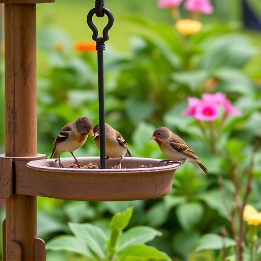 Small birds eating at garden station