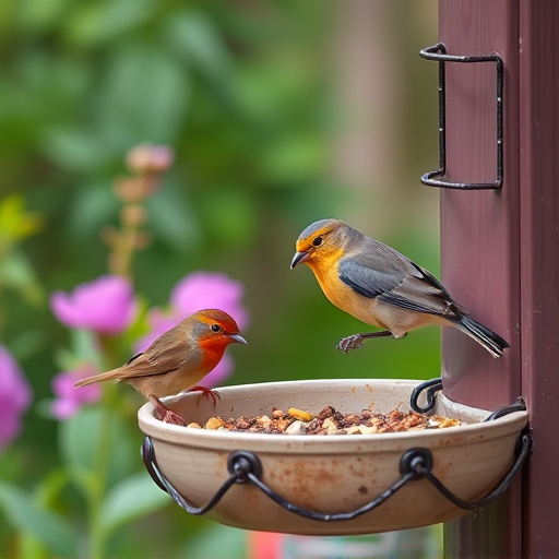 Small birds eating at garden station