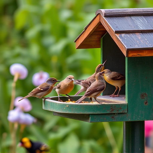 Small birds eating at garden station