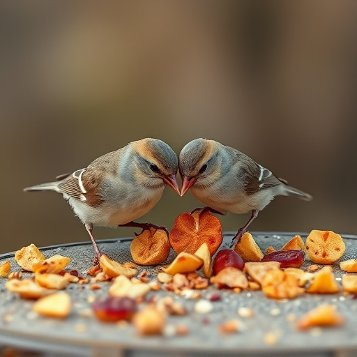 Small birds eating dried fruit pieces