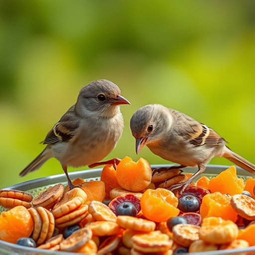 Small birds eating dried fruit pieces