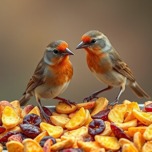 Small birds eating dried fruit pieces