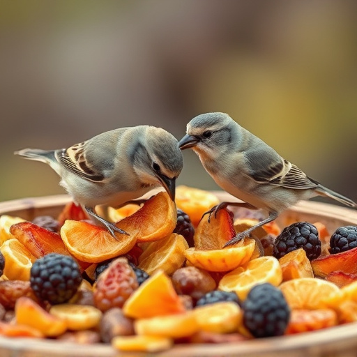 Small birds eating dried fruit pieces