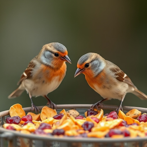 Small birds eating dried fruit pieces