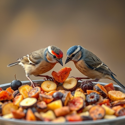 Small birds eating dried fruit pieces