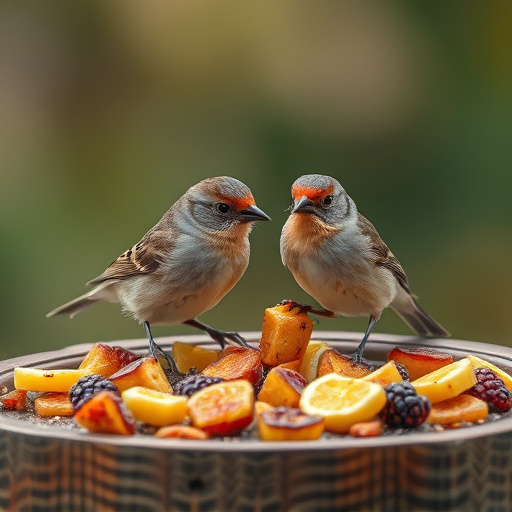 Small birds eating dried fruit pieces