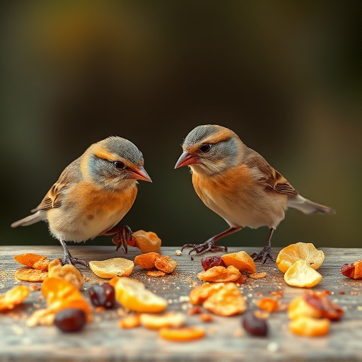 Small birds eating dried fruit pieces