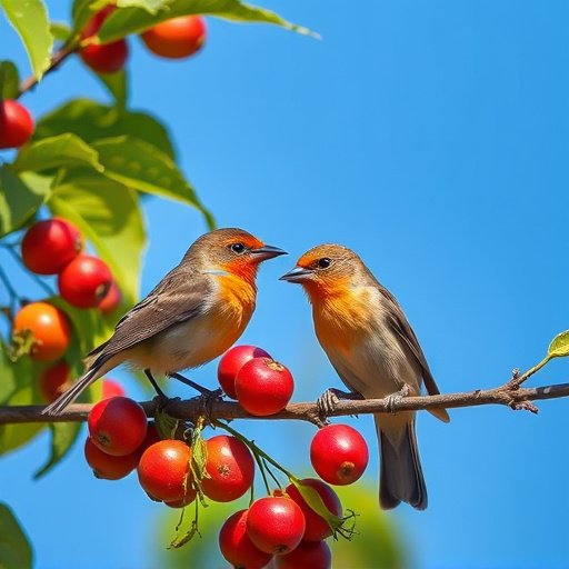 Small birds eating juicy summer fruits