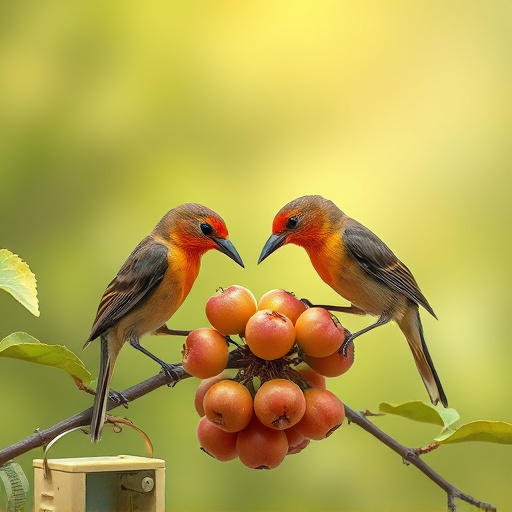 Small birds eating juicy summer fruits