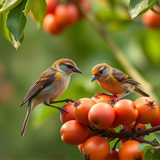 Small birds eating juicy summer fruits