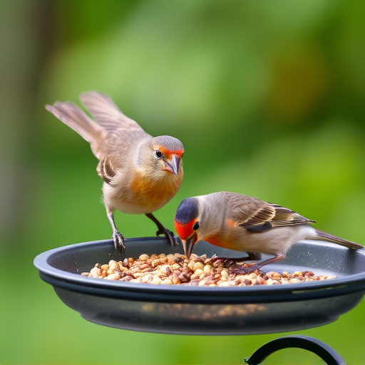 Small birds eating seed from tray