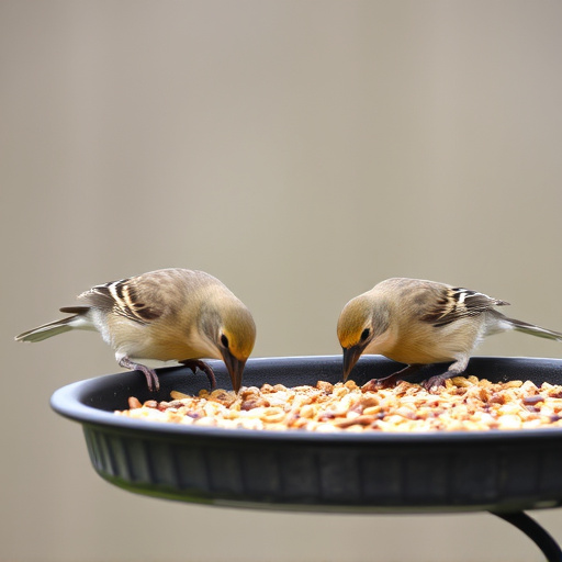 Small birds eating seed from tray