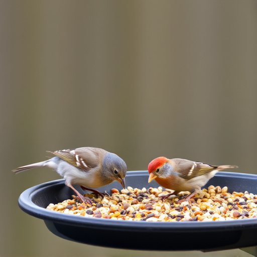 Small birds eating seed from tray