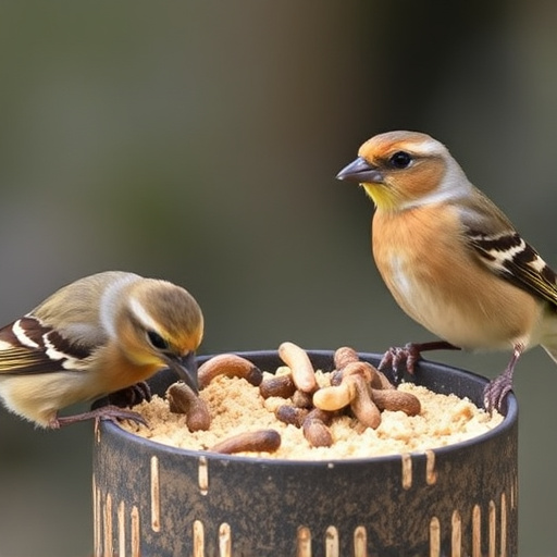 Small birds eating suet with mealworms