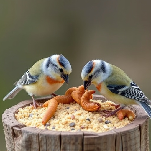 Small birds eating suet with mealworms