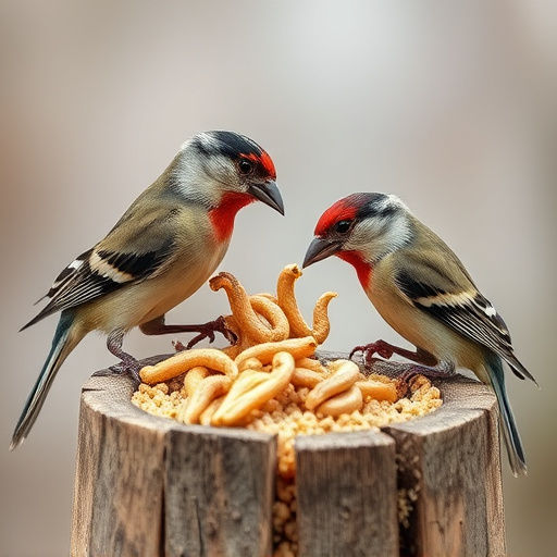 Small birds eating suet with mealworms