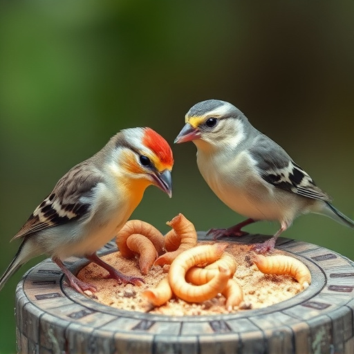 Small birds eating suet with mealworms