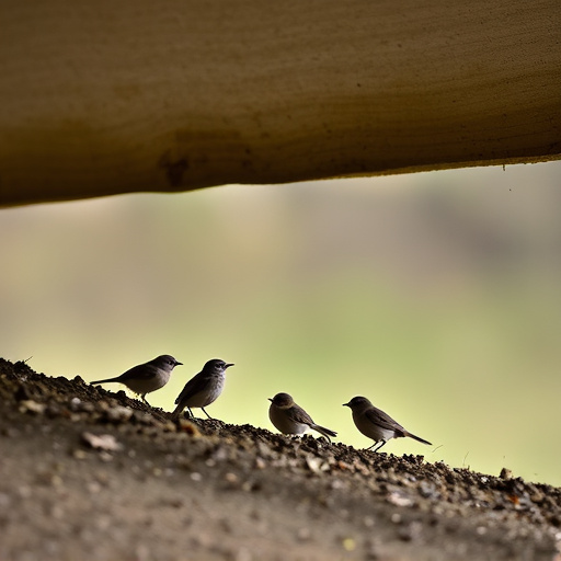 Small birds feeding beneath sloped shelter