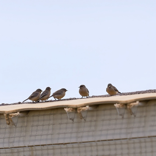 Small birds feeding beneath sloped shelter