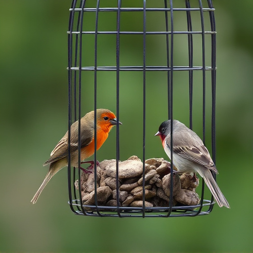 Small birds feeding in wire cage feeder