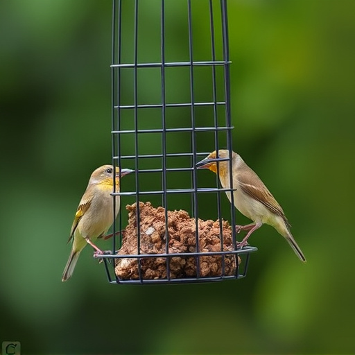 Small birds feeding in wire cage feeder