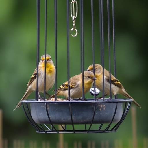 Small birds feeding in wire cage feeder